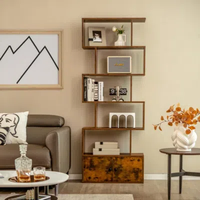 Hivvago 6-tier S-shaped Freestanding Bookshelf With Cabinet And Doors-coffee