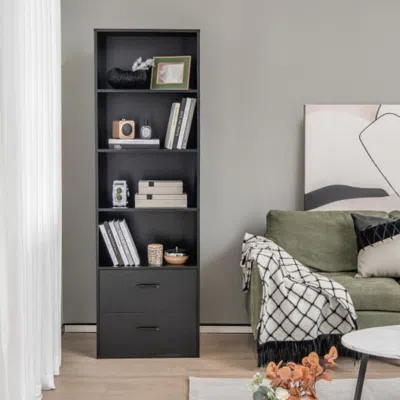 Hivvago 6-tier Tall Freestanding Bookshelf With 4 Open Shelves And 2 Drawers-black