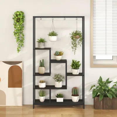 Hivvago 6-tier Tall Plant Stand 71" Metal Indoor Plant Shelf With 10 Hanging Hooks-black