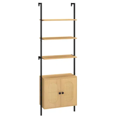 Hivvago 6-tier Wall Mounted Ladder Bookshelf With Rattan Cabinet
