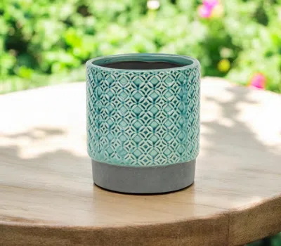 Hivvago 6" Turquoise Geometric Ceramic Indoor Outdoor Round Pot Planter In Green