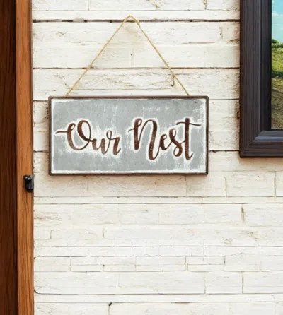 Hivvago 6" X 12" Gray And Brown Our Nest Galvanized Metal Wall Decor
