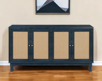 Hivvago 60" Blue Wood And Rattan Distressed Sideboard With Four Doors