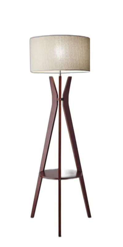 Hivvago 60" Brown And White Solid Wood Tripod Floor Lamp With White Fabric Drum Shade