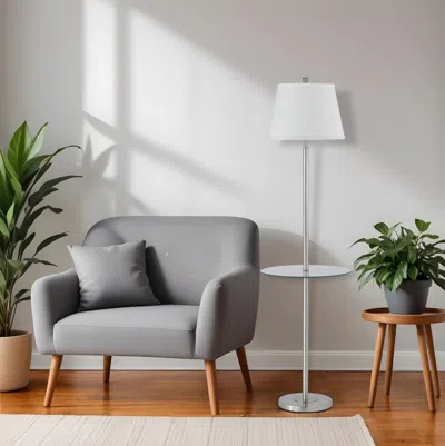 Hivvago 60" Nickel Metal Tray Table Floor Lamp With White Fabric Square Shade In Gray