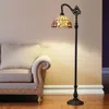 Hivvago 62" Brown Metal Arched Floor Lamp With Amber And Red Flowers Stained Glass Shade In Black
