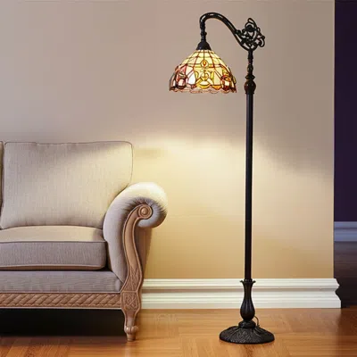 Hivvago 62" Brown Metal Arched Floor Lamp With Amber And Red Flowers Stained Glass Shade In Black