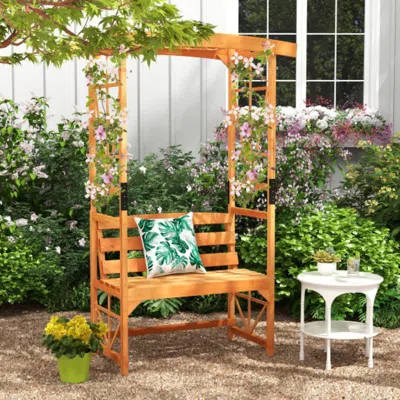 Hivvago 6.2 Ft Tall Patio Garden Arbor With Pergola And 2-seat Bench For Garden Lawn Backyard Decoration-yel In Brown