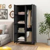 Hivvago 62 Inch Wicker Wardrobe With 2 Doors Pe Rattan Closet With Hanging Rod-black
