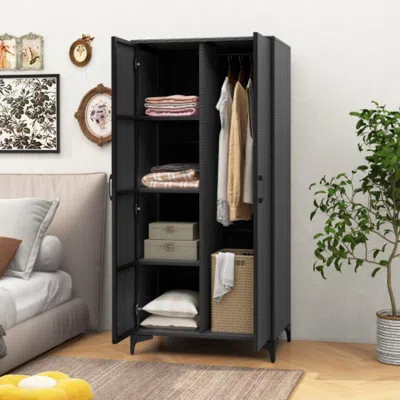Hivvago 62 Inch Wicker Wardrobe With 2 Doors Pe Rattan Closet With Hanging Rod-black