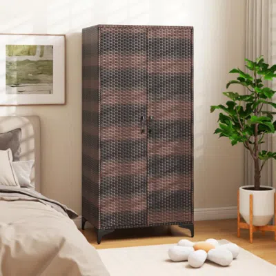 Hivvago 62 Inch Wicker Wardrobe With 2 Doors Pe Rattan Closet With Hanging Rod-brown