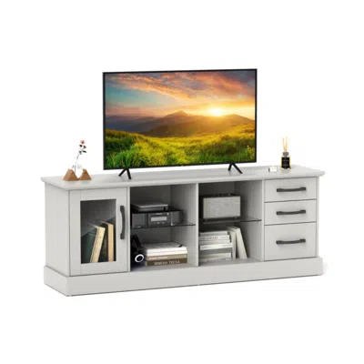 Hivvago 63 Inches Media Console Table With 3 Drawers And 2 Glass Shelves In White