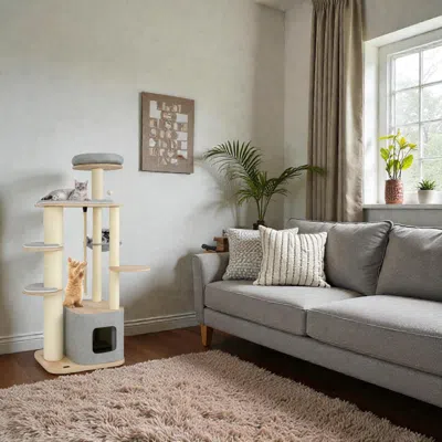 Hivvago 63" Modern Wooden Cat Tower With Perch, Condo, And Hanging Hammock In Neutral