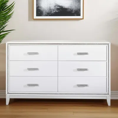 Hivvago 63" White And Silver Faux Crystal Bling Wood Six Drawer Double Dresser