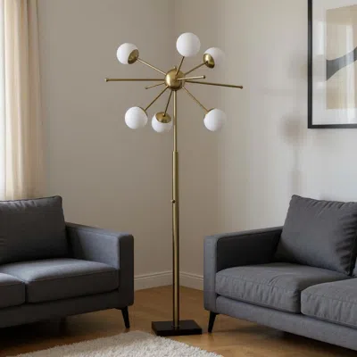 Hivvago 64" Brass Six Light Led Novelty Floor Lamp With White Glass Globe Shades In Gold