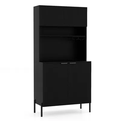 Hivvago 64.5 Inches Tall Kitchen Pantry Cabinet With Charging Station And Wine Glass Rack In Black