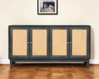 Hivvago 65" Charcoal And Natural Wood And Rattan Sideboard With Four Doors In Gray