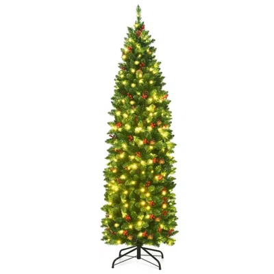 Hivvago 6.5 Feet Pre-lit Hinged Pencil Christmas Tree In Green