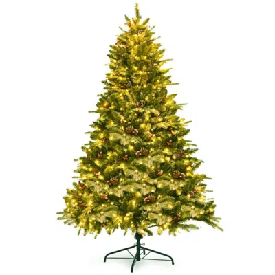 Hivvago 6.5 Feet Pre-lit Snow Flocked Hinged Artificial Christmas Tree In Green