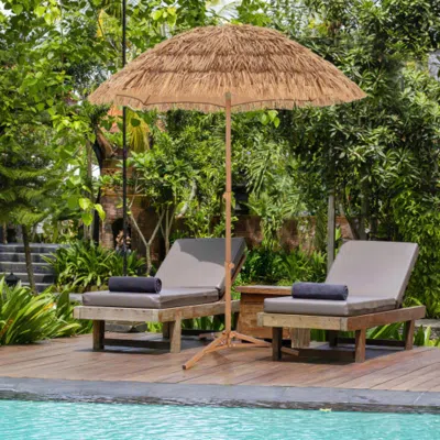 Hivvago 6.5 Feet Thatched Tiki Umbrella With Foldable Stand Push Button Tilt-natural In Neutral