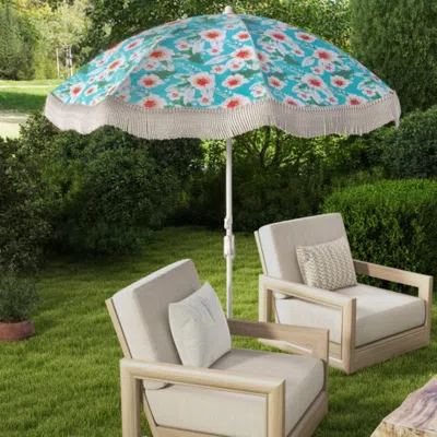 Hivvago 6.5 Ft Beach Umbrella With Fringe Outdoor Tassel Umbrella With Push Button Tilt-green In White