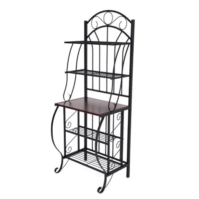 Hivvago 65 Inch 5 Tier Bakers Rack, Middle Wood Shelf, Carved Black Metal Frame