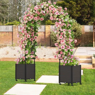 Hivvago 6.6 Feet Arch Arbor Trellis With 2 Planter Boxes & Detachable Pe-coated Metal Tubes-black In Gray