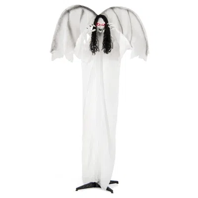 Hivvago 6.6 Feet Halloween Animatronic Standing Angel With Sound-activated Light-up Eyes And Flapping Wings In White