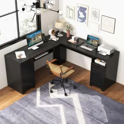 Hivvago 66 Inch L-shaped Writing Study Workstation Computer Desk With Drawers-black