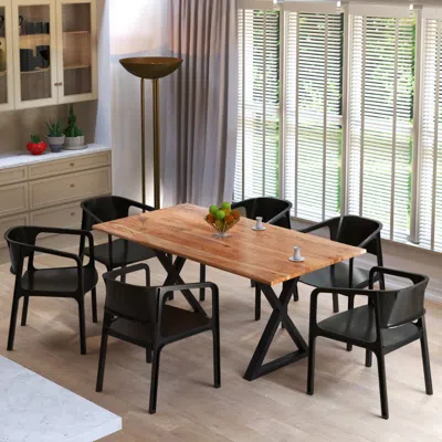 Hivvago 67 Inch Rectangular Dining Table With Crossed Black Metal Legs And Natural Brown Faux Live Edge Acac
