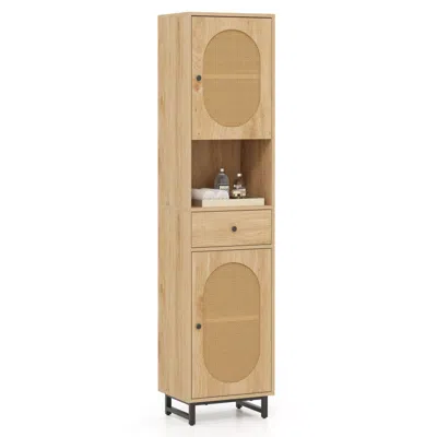 Hivvago 67 Inch Tall Bathroom Cabinet Pe Rattan Floor Cabinet With 2 Doors-natural