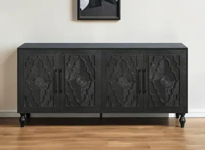 Hivvago 68" Black Distressed Carved Floral Sideboard With Four Doors