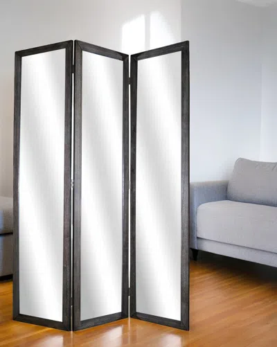 Hivvago 69" Black Wood And Mirrored Glass Folding Three Panel Screen Room Divider In Multi