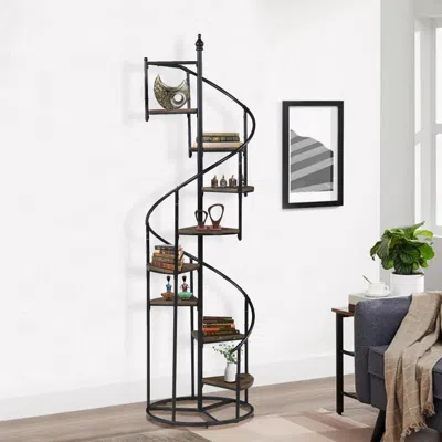Hivvago 69 Inch Wood Bookcase, Spiral Metal Frame, Staircase Design, Brown In Black