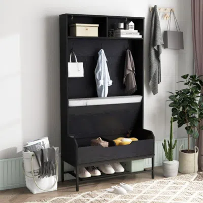 Hivvago 69 Inches Tall Hall Tree 4-in-1 Coat Rack With Seat Cushion And Shoe Storage-black