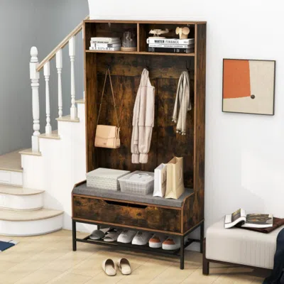 Hivvago 69 Inches Tall Hall Tree 4-in-1 Coat Rack With Seat Cushion And Shoe Storage-rustic Brown In Blue