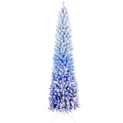 HIVVAGO 6FT BLUE GRADIENT FLOCKED PENCIL CHRISTMAS TREE WITH 200 WARM WHITE LED LIGHTS