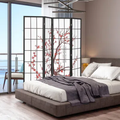 Hivvago 6ft Folding Decorative Oriental Privacy Screen With Plum Blossom Design For Home Office-white