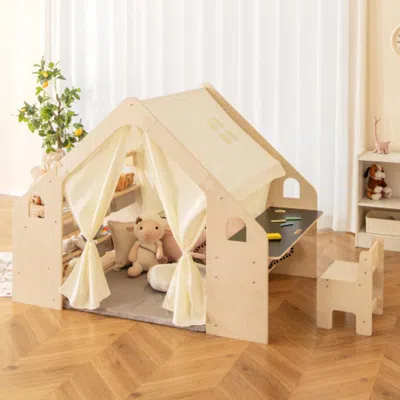 Hivvago 6-in-1 Kids Play Tent Playhouse With Blackboard 6 Storage Bins And Floor Cushion-beige