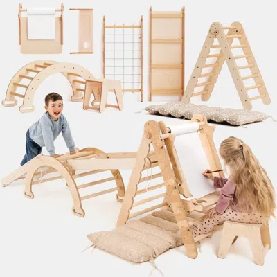 Hivvago 6in1 Montessori Climbing Set: Triangle Ladder + Arch/rocker + Slide/ramp + Net + Cushion + Art Addit In Brown