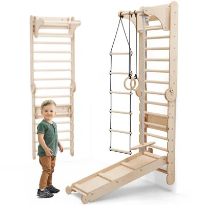 Hivvago 6in1 Wooden Swedish Wall / Climbing Ladder For Children + Swing Set + Slide Board In Brown