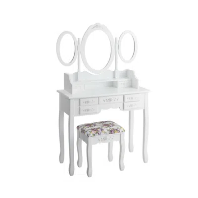 Hivvago 7 Drawer Tri-folding Mirror Dressing Vanity Makeup Set-white