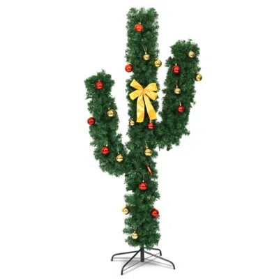 Hivvago 7 Feet Artificial Cactus Pvc Christmas Tree With Led Lights And Ball Ornaments-7 Ft In Green