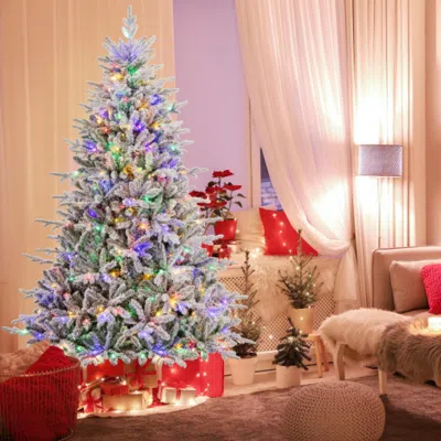 Hivvago 7 Feet Flocked Christmas Tree With 8 Lighting Modes And Multi-color Led Lights-7 Ft