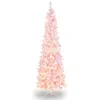 Hivvago 7 Feet Pre-lit Snow Flocked Hinged Pencil Christmas Tree With 300 Lights And 8 Modes