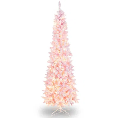 Hivvago 7 Feet Pre-lit Snow Flocked Hinged Pencil Christmas Tree With 300 Lights And 8 Modes In Brown