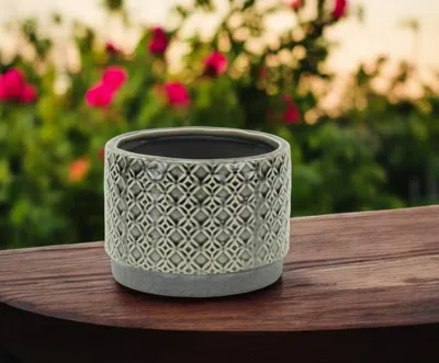 Hivvago 7" Gray Geometric Ceramic Indoor Outdoor Round Pot Planter In Green