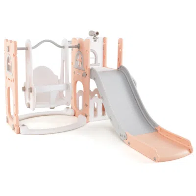 Hivvago 7-in-1 Toddle Swing And Slide Set L-shaped With Ladder And Basketball Hoop In Pink