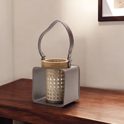 Hivvago 7" Natural And Brown Distressed Lattice Iron And Wood Tabletop Lantern Candle Holder In Neutral