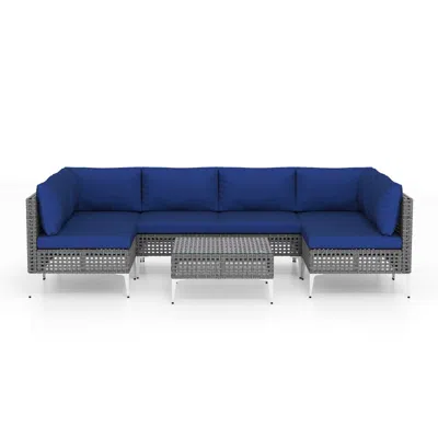 Hivvago 7 Piece Outdoor Furniture Set Wicker Chairs With Tempered Glass Coffee Table-navy In Blue